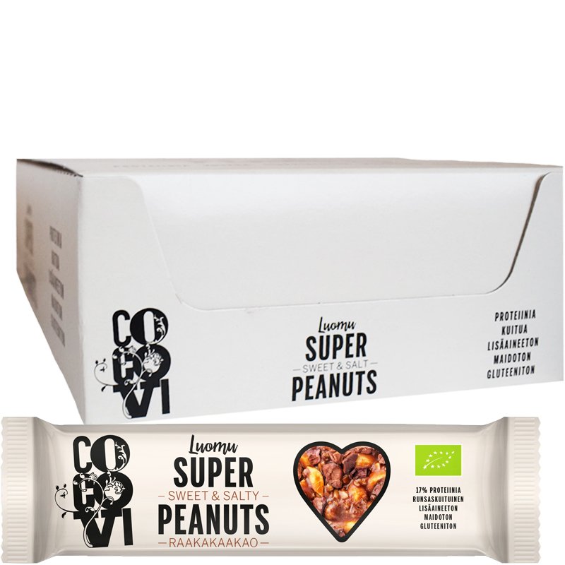 Laatikollinen Luomu "Super Peanuts Raakakaakao" Patukoita 24 x 40g - 75% alennus